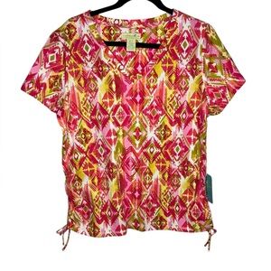 Caribbean Joe Women's Tropical Multicolor print Collared Vneck Short Sleeve L